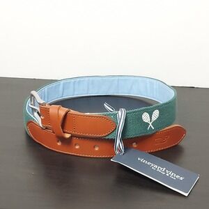 Vineyard Vines Tennis Racquet Embroidered Belt Mens Size 30 Hunter Green Leather